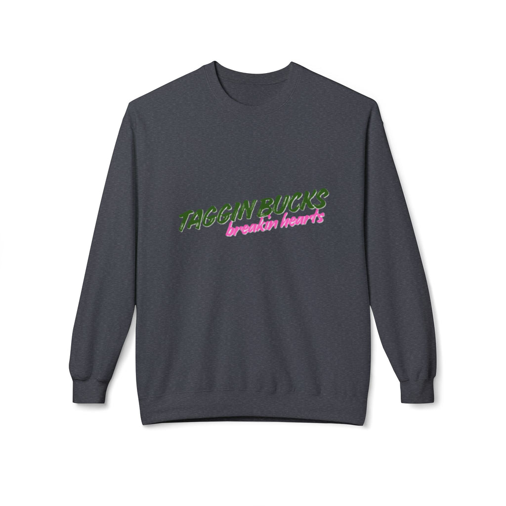 Lady's Crewneck Sweatshirt — "Taggin Bucks Breakin Hearts" Graphic Pullover