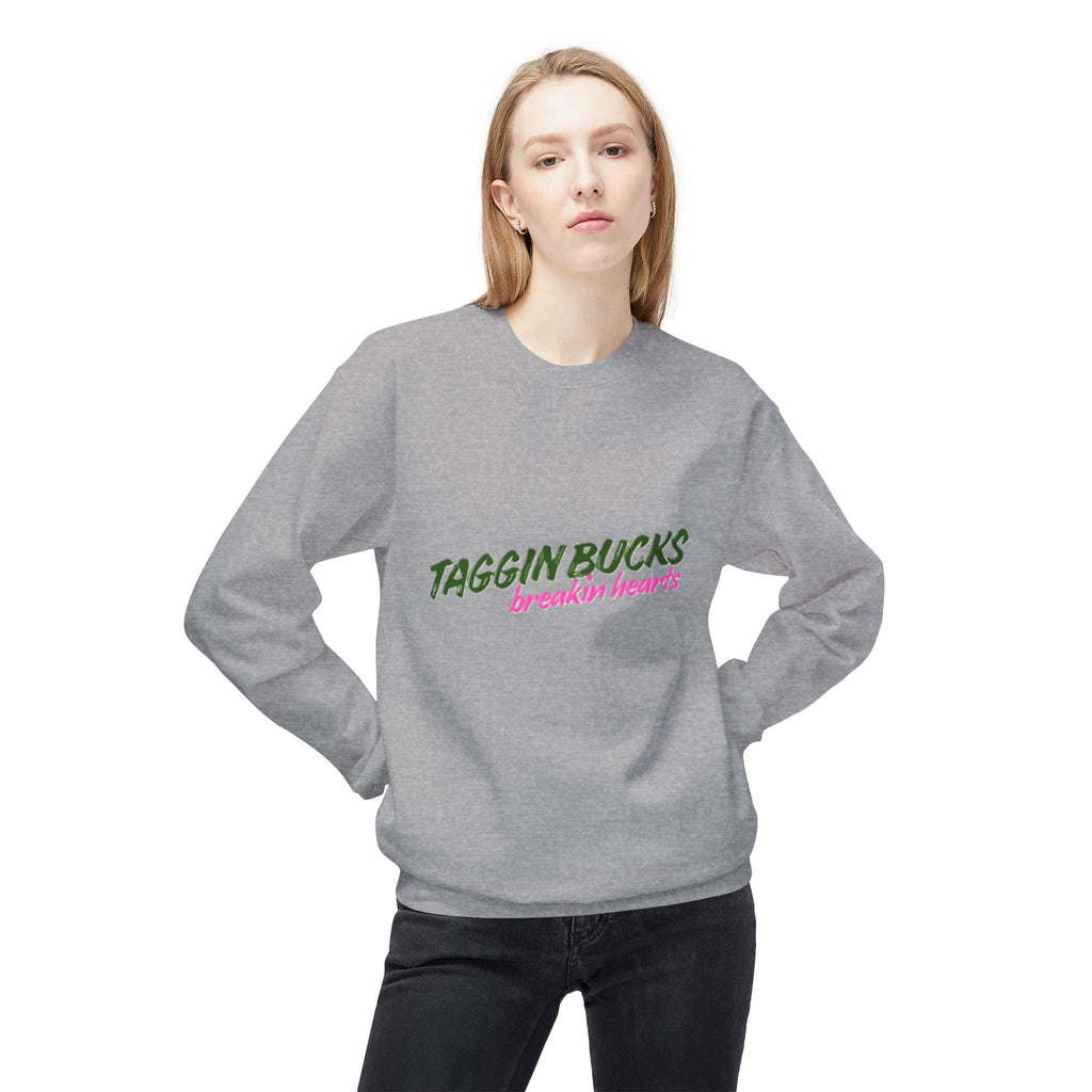 Lady's Crewneck Sweatshirt — "Taggin Bucks Breakin Hearts" Graphic Pullover