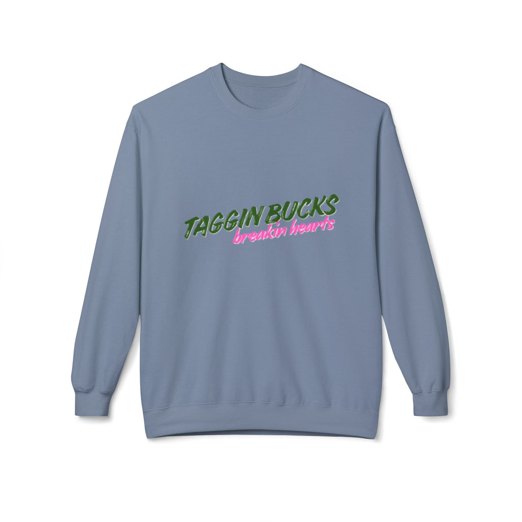 Lady's Crewneck Sweatshirt — "Taggin Bucks Breakin Hearts" Graphic Pullover