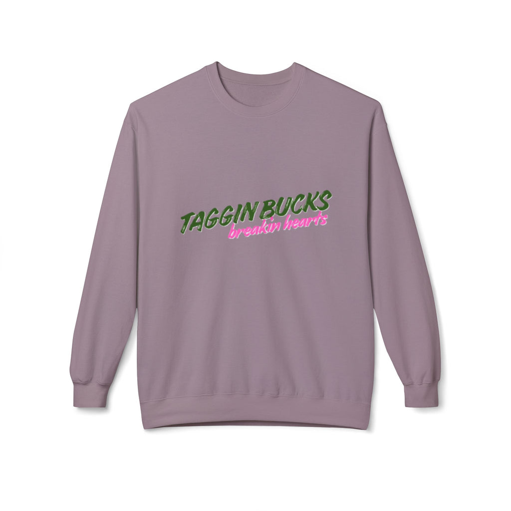 Lady's Crewneck Sweatshirt — "Taggin Bucks Breakin Hearts" Graphic Pullover