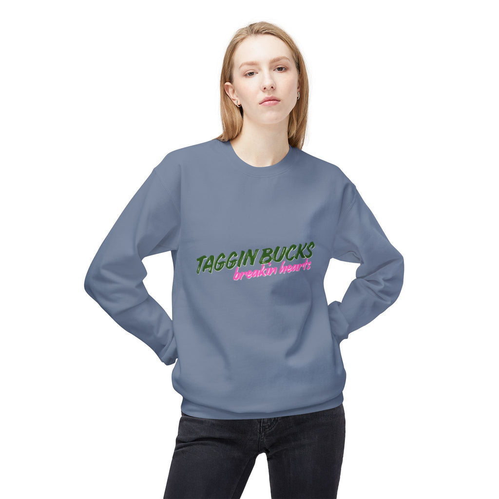 Lady's Crewneck Sweatshirt — "Taggin Bucks Breakin Hearts" Graphic Pullover