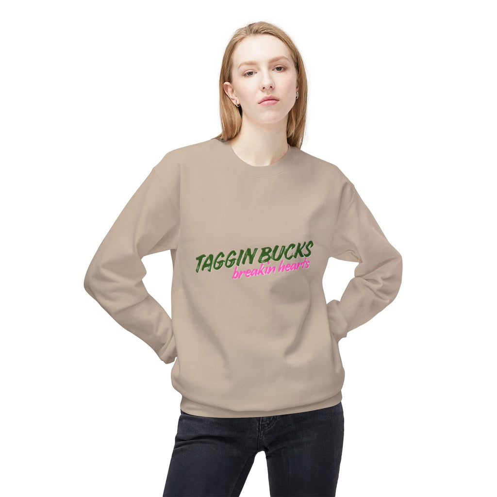 Lady's Crewneck Sweatshirt — "Taggin Bucks Breakin Hearts" Graphic Pullover