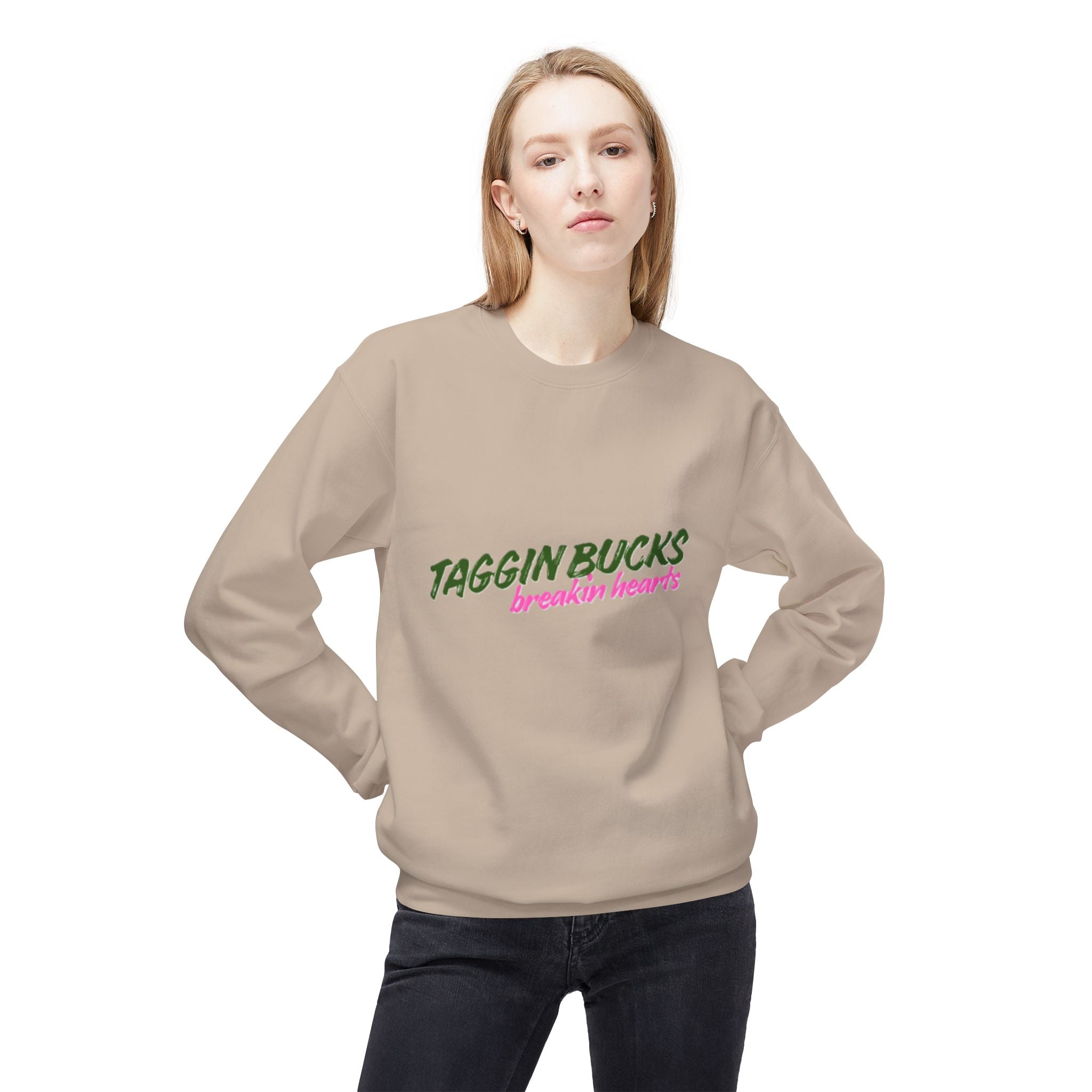 Lady's Crewneck Sweatshirt — "Taggin Bucks Breakin Hearts" Graphic Pullover