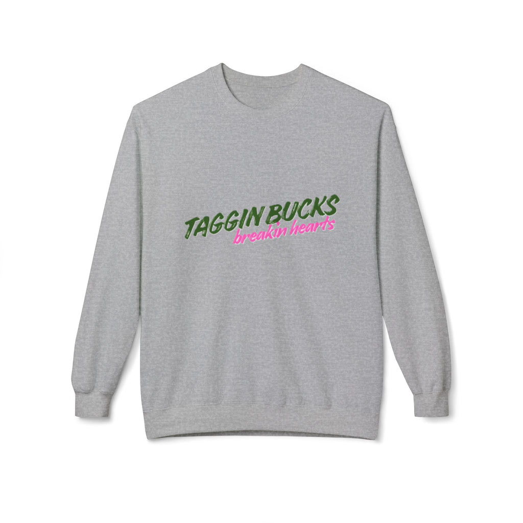 Lady's Crewneck Sweatshirt — "Taggin Bucks Breakin Hearts" Graphic Pullover