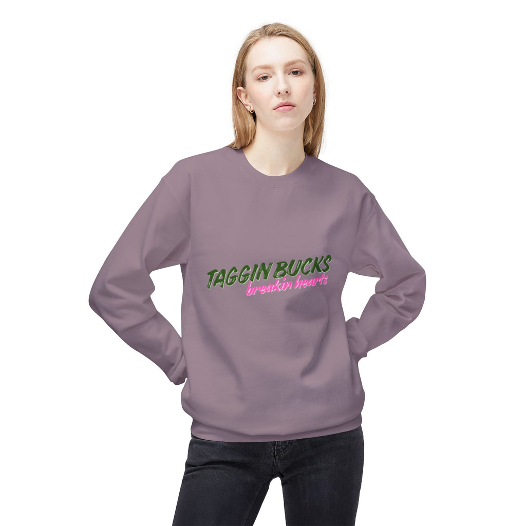 Lady's Crewneck Sweatshirt — "Taggin Bucks Breakin Hearts" Graphic Pullover