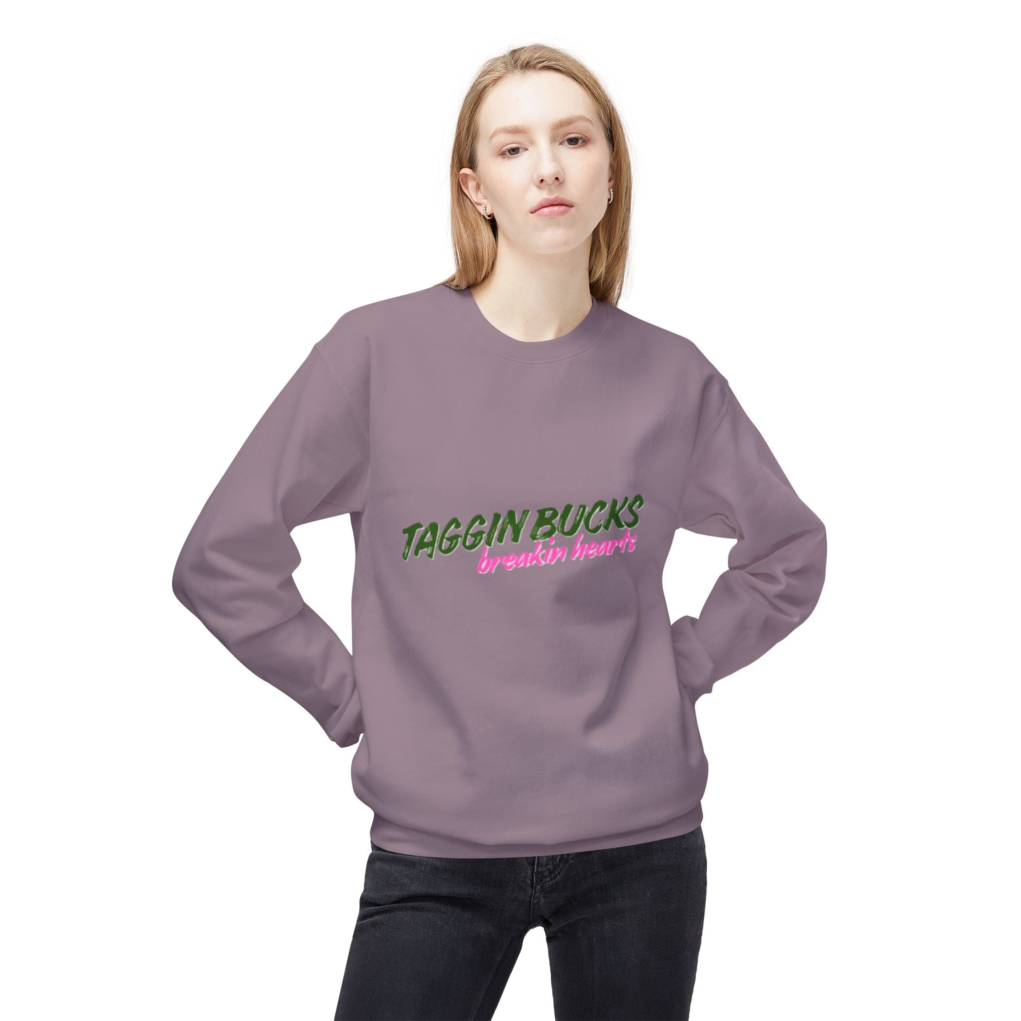 Lady's Crewneck Sweatshirt — "Taggin Bucks Breakin Hearts" Graphic Pullover